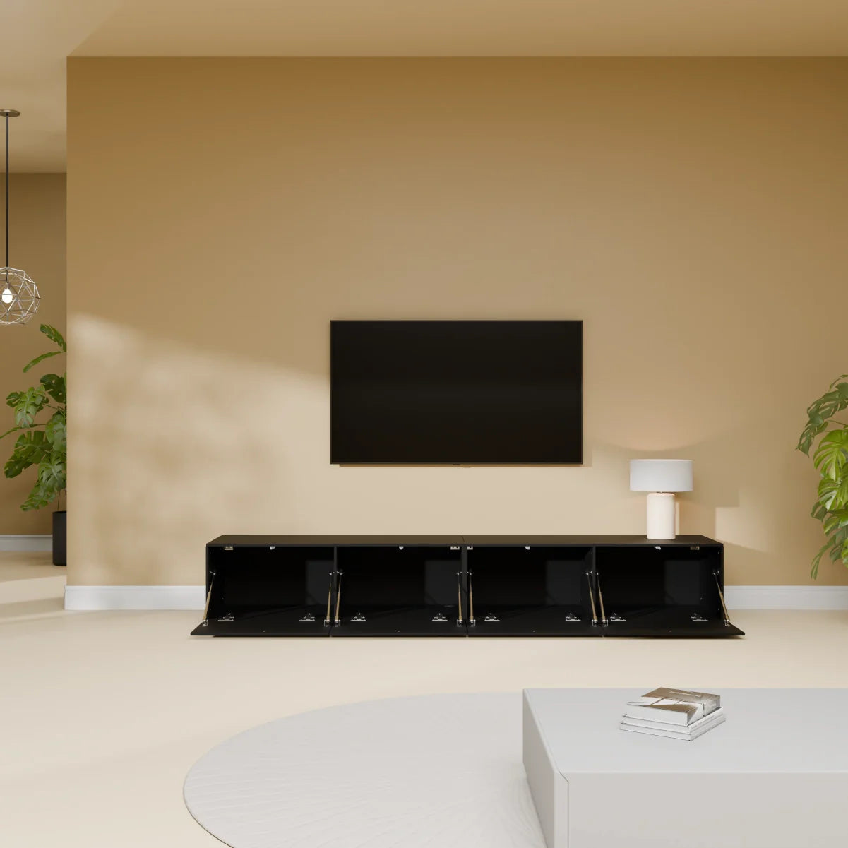 Mora Meuble Télé pour TV | Suspendu ou sur pied | 200 cm Noir-Bois